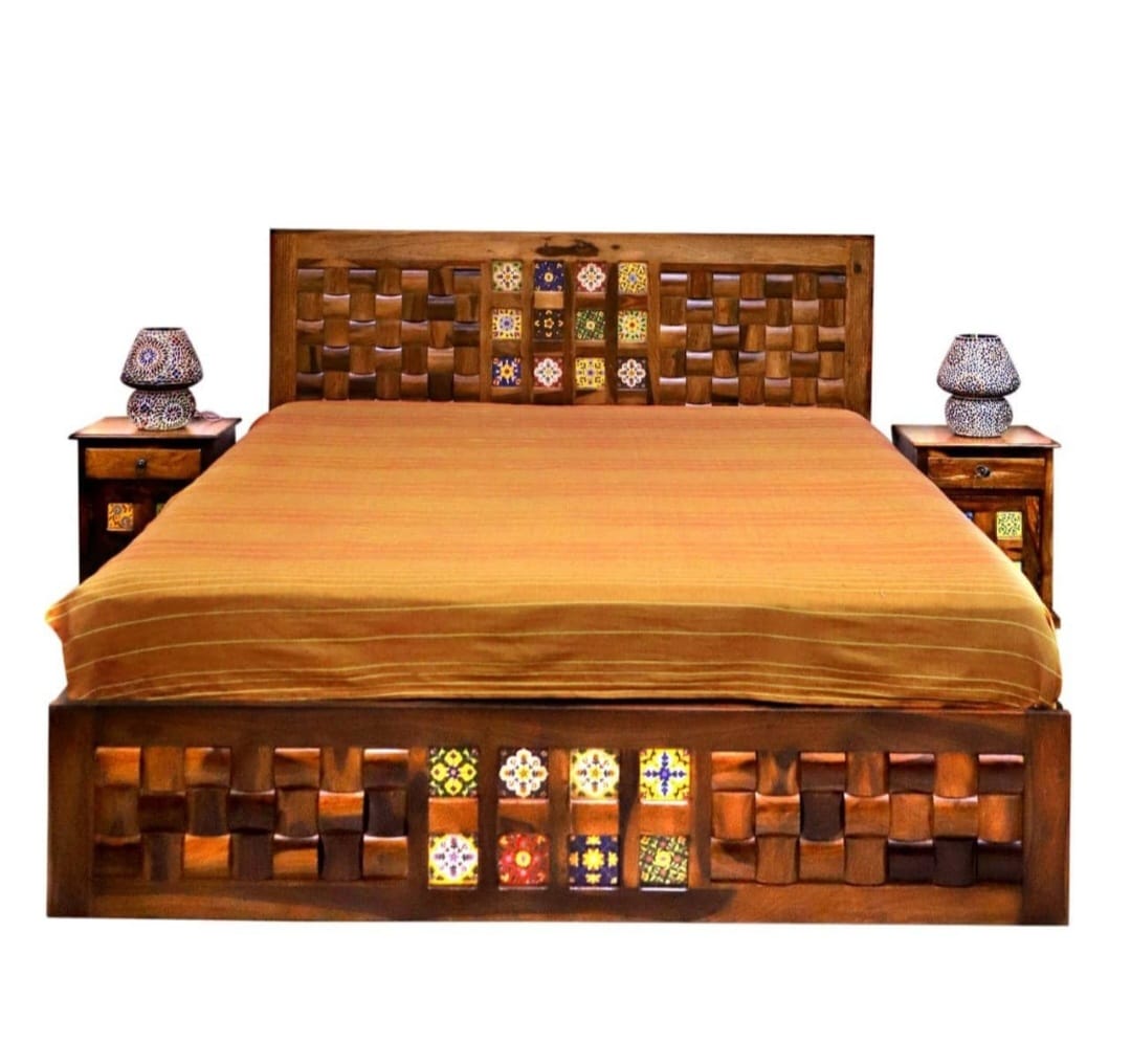 Double Bed Sheesham Wood Tile Design