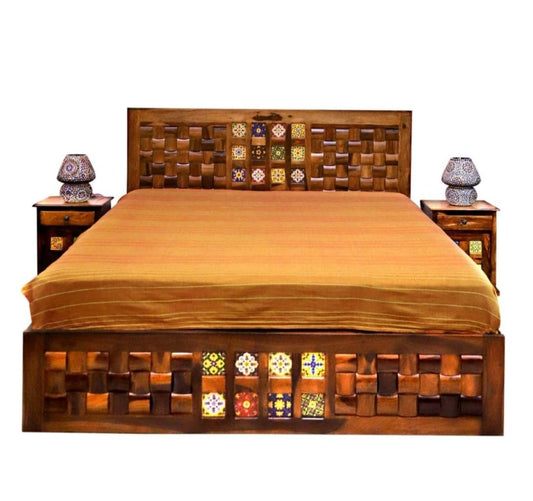 Double Bed Sheesham Wood Tile Design
